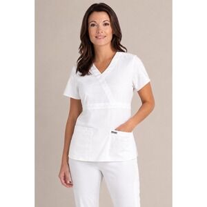 Grey's Anatomy Barco Riley Scrub Top Women's Medium White 3-Pocket Mock Wrap NWT